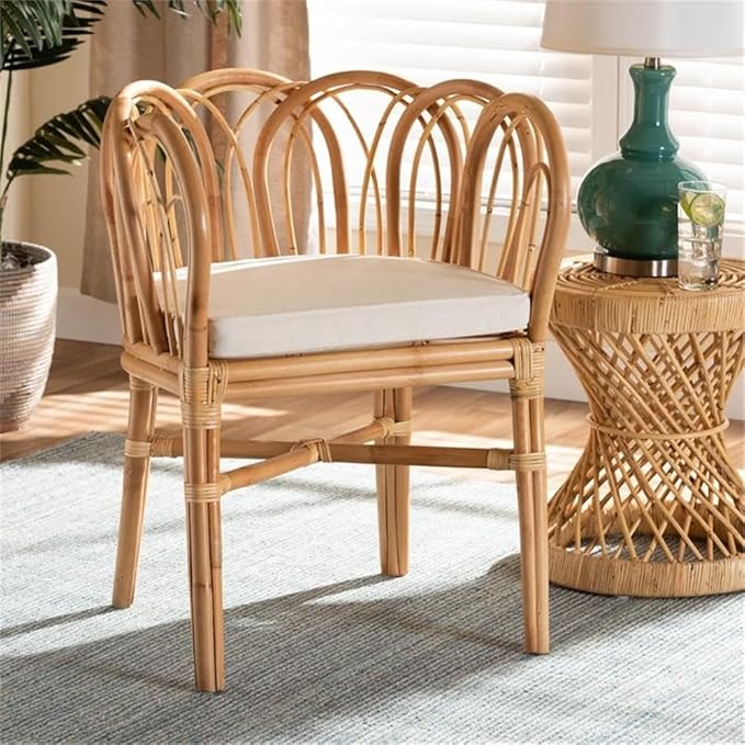Bowery Hill 18.1'' Modern Rattan Accent Chair Natural Finish Looped Backrest 31H x 24.5W x 24D Removable Foam Cushion with Cotton-Polyester Upholstery Handmade for Living Room or Lounge Use