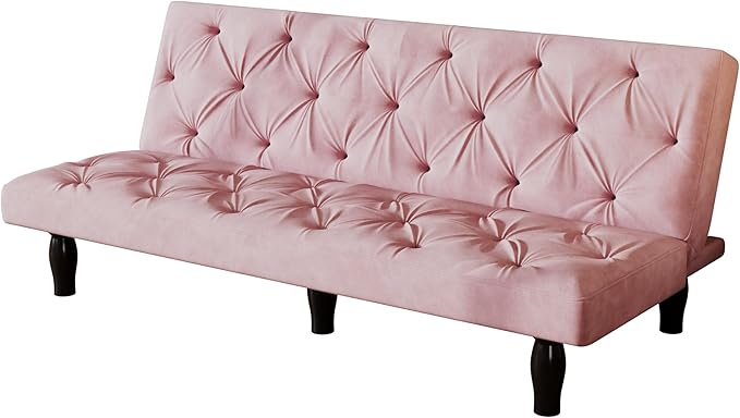 Modern Convertible Futon Sofa Bed Adjustable Loveseat Futon Couch with Metal Legs Upholstered Sofa Bed with Wood Frame Sleeper Couches for Small Compact RV Living RoomOffice (Pink-Velvet)