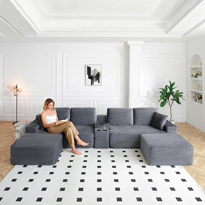 125 Oversized U-Shaped Cloud Sectional Couch 6-Seater Modular Sectional Sofa with USB Ports/Storge Console/Cup Holder Modern Deep Seat Corduroy Boneless Couch for Living Room No Assembly Gray
