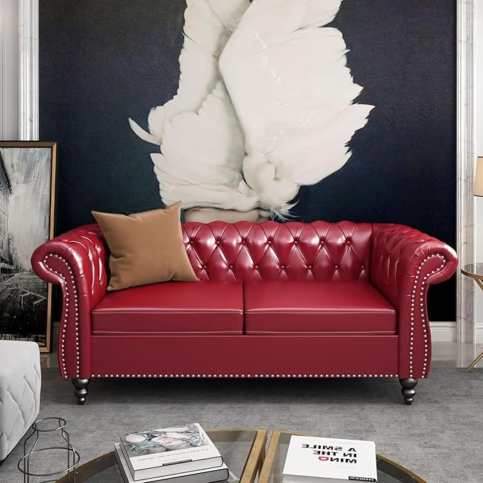 AVZEAR Leather Upholstered Armchair Single Sofa Chair with Rolled Arms and Nailhead Mid-Century Modern Tufted PU Chesterfield Chair for Living Room Bedroom Office Apartment Claret