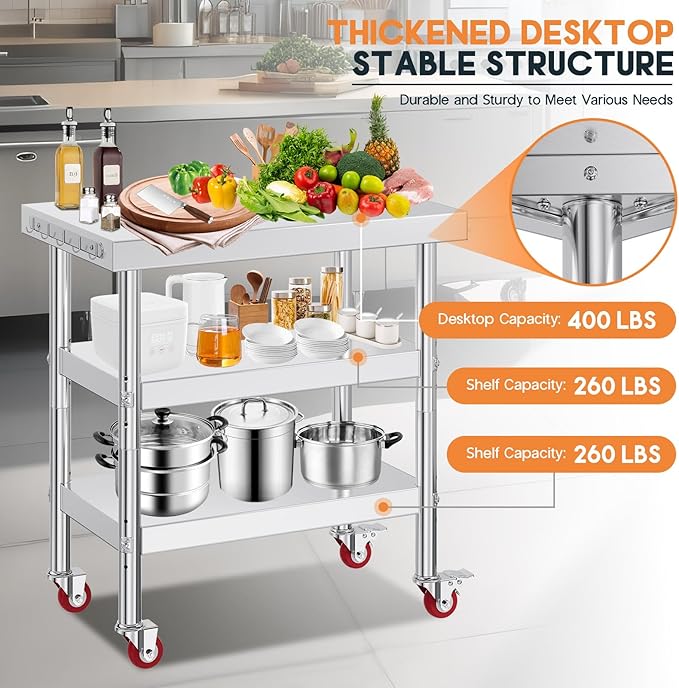 Jocisland 22 x 36 Three-Tier Stainless Steel Table NSF Certified for Prep &amp Work with Wheels Adjustable Under Shelf for Commercial Kitchen Restaurant Hotel and Garage
