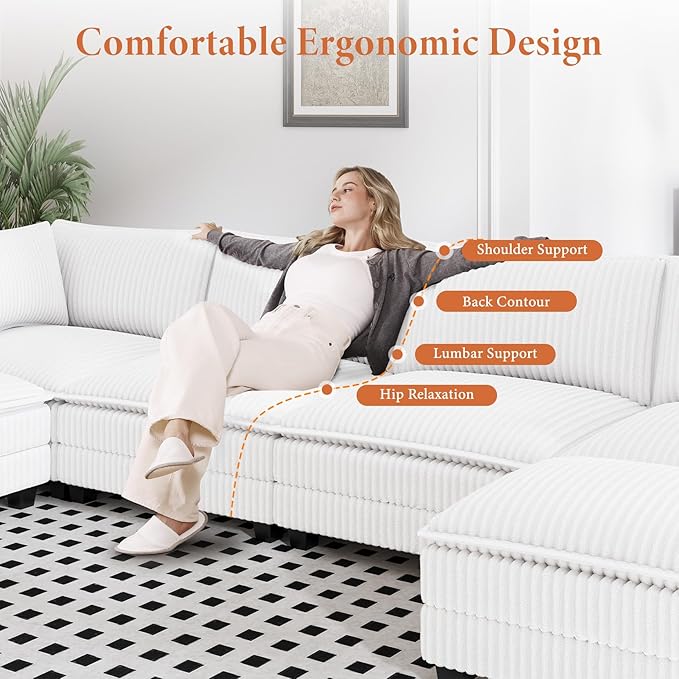 Vesgantti 143 U Shaped Sectional Modular Couch Comfy Corduroy Upholstered Modular Cloud Sofas for Living Room Modern Sectional Sofa with 2 Ottoman Deep Seat Warm White