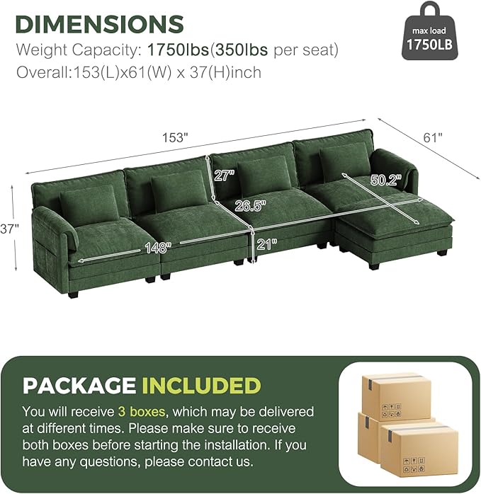 ELUCHANG Oversized 153 Modular Sectional Sofa Comfy Cloud Couch L Shaped Deep Seat Sofa Couches for Living Room 5-Seater Modern Sofa with Movable Ottoman DIY Combination - Chenille Green