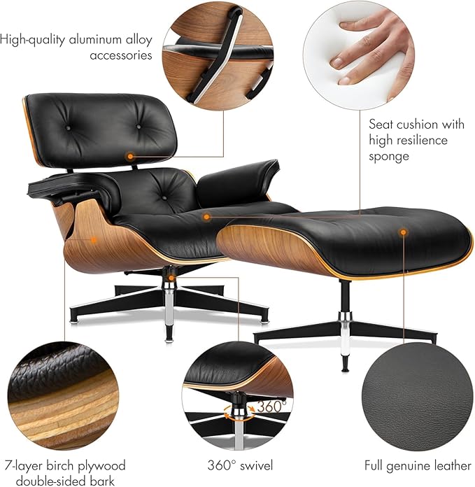 Mid Century Chaise Lounge Chair and Ottoman Reading Chair Leather Accent Chair Modern Chair Classic Design Heavy Duty Base Support for Living Room (Walnut-Black Tall)