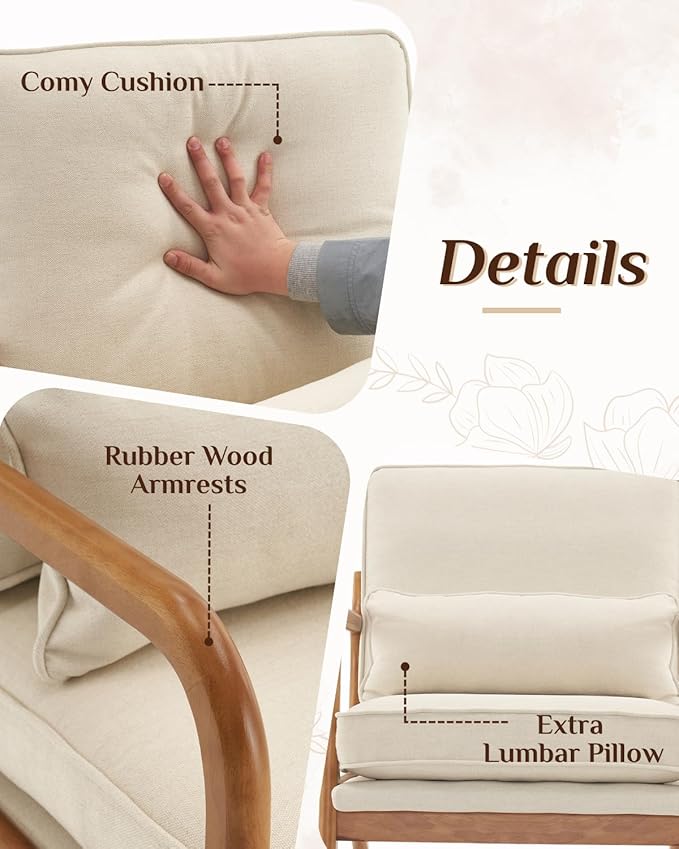 Karl home Accent Chair Mid-Century Modern Chair with Pillow Linen Fabric Upholstered Lounge Arm Chair with Solid Wood Frame &amp Soft Cushion for Living Room Bedroom Balcony Beige
