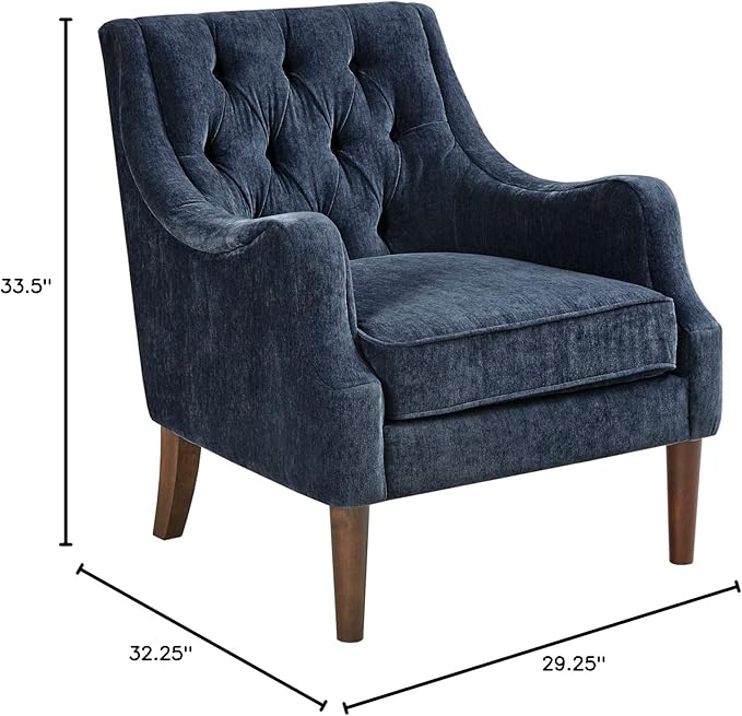 Madison Park Qwen Upholstered Accent Chair with Solid Wood Legs Button Tufted Round Arms Removable Seat Cushion Transtional Pipped Padded Cushion Seat Bedroom Lounge Comfy for Reading Navy