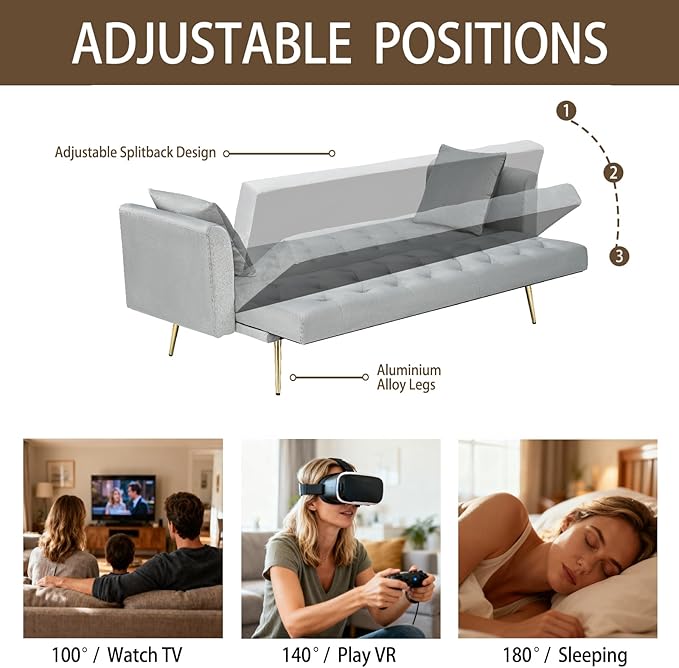 71 Velvet Futon Sofa Bed Convertible Sleeper Couch with 2 Pillows - Modern Loveseat Small Sofa 3-Angle Adjustable Backrest Golden Metal Legs for Living Room Bedroom Apartment Easy Assembly (Gray)