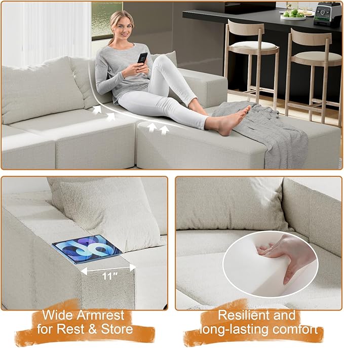 132'' Oversized Cloud Couch Sectional Modular Sectional Sofa with 6 Pillows Comfy Chenille L Shape Couch with 6 Deep Seat Convertible Sleeper Boneless Couches for Living Room No Assembly Beige