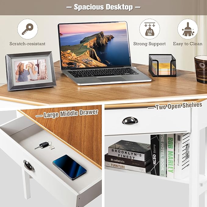 GOFLAME Computer Corner Desk Wood Compact Home Office Writing Worstation with Drawer and Shelves Laptop PC Corner Table for Small Space Home Office Natural &amp White