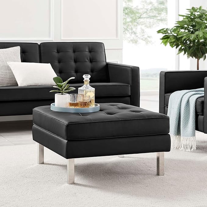 Modway Loft Tufted Button Faux Leather Upholstered Square Ottoman in Silver Black