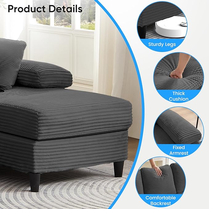 Mjkone 112 Width 4 Seater U Shaped Sofa Couch with Double Chaises Sectional Living Room Sofa Couches with Sleepable Armrest Corduroy Sleeper Sofas Couch Set for Living Room Sets Furniture Dark Grey