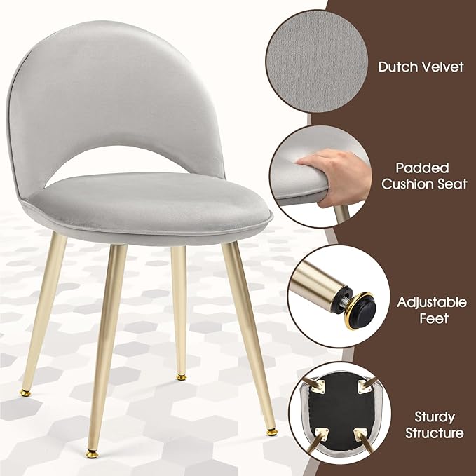 Vanity Chair with Adjustable Backrest Boucle Upholstery Armless Makeup Stool Gray Velvet Vanity Stool with Gold Metal Legs for Bedroom Living Room Kitchen Dinning Room(Velvet Gray)