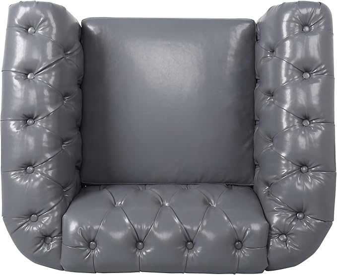 LEVNARY Leather Upholstered Armchair Mid-Century Modern Single Sofa Chair with Rolled Arms and Nailhead Tufted Pu Leather Chesterfield Chair for Home Bedroom Reading Room (Gray)