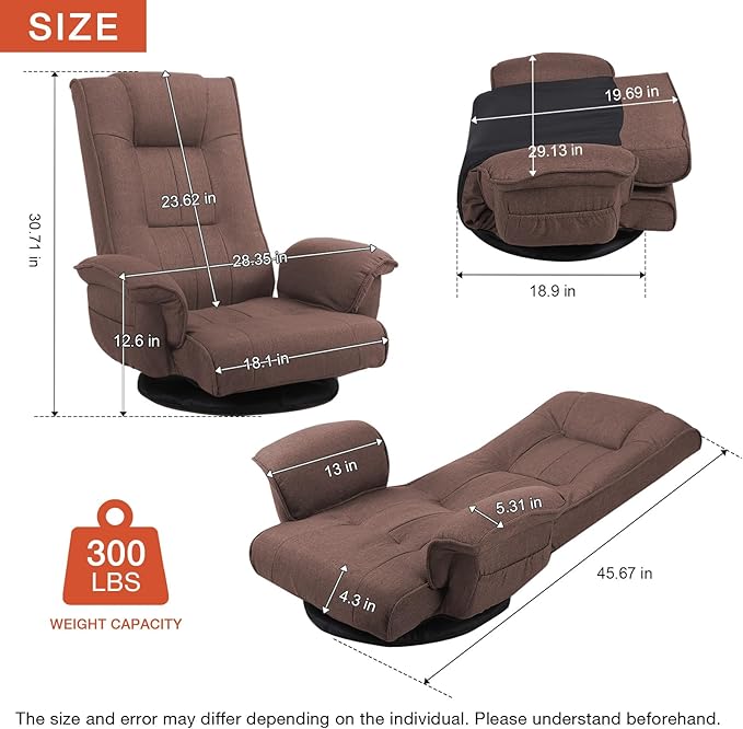 Ergonomic Swivel Floor Gaming Chair with Armrests &amp Side Pockets 6-Position Reclining Sofa Bed Foldable Padded Lounger with Thick Cushion &amp Lumbar Support for Esports Reading TV Watching (