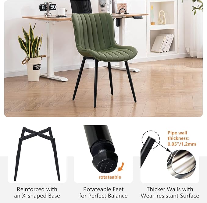 YOUNUOKE Mid-Century Modern Dining Chairs Set of 2 Olive Green PU Leather Upholstered Kitchen Chairs with Black Metal Legs Armless Accent Side Chair for Dining Room Guest Reception Room