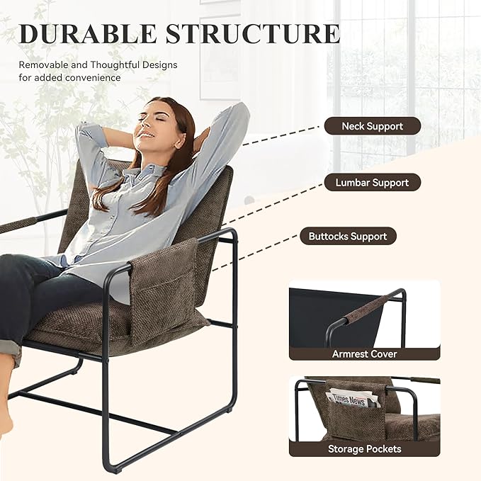 Accent Chair with Metal Frame Upholstered Living Room Chairs with Cushions Comfy Reading Armchair for Bedroom Brown