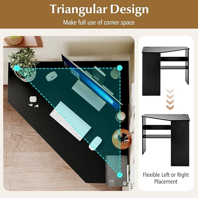 NAFORT Triangular Corner Desk with Storage Shelves and Cable Holes Space Saving Writing Desk Multi Functional Workstation for Home Office Bedroom PC Laptop Computer Table Black