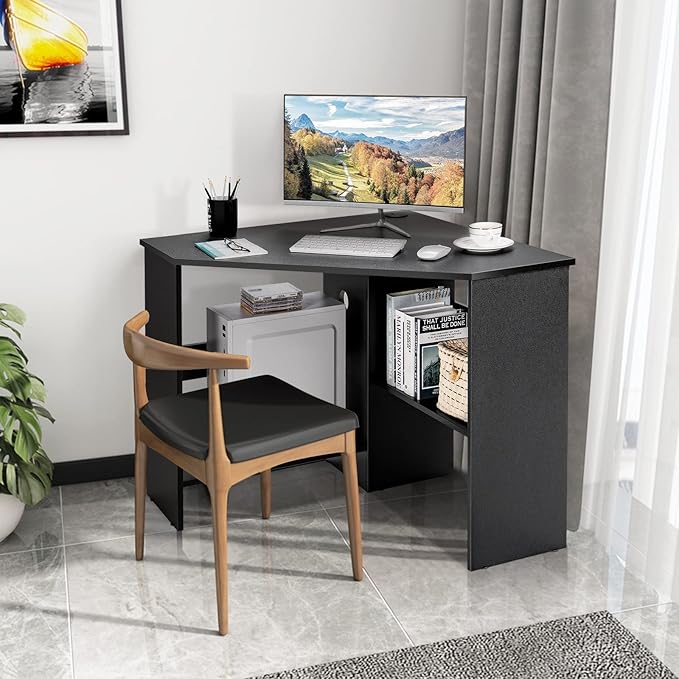 COSTWAY Corner Computer Desk Space-Saving Triangular Writing Desk w/ 2 Storage Shelves &amp 2 Cable Holes Multi-Functional Console Table for Small Space in Home Office Living Room Bedroom (Black)
