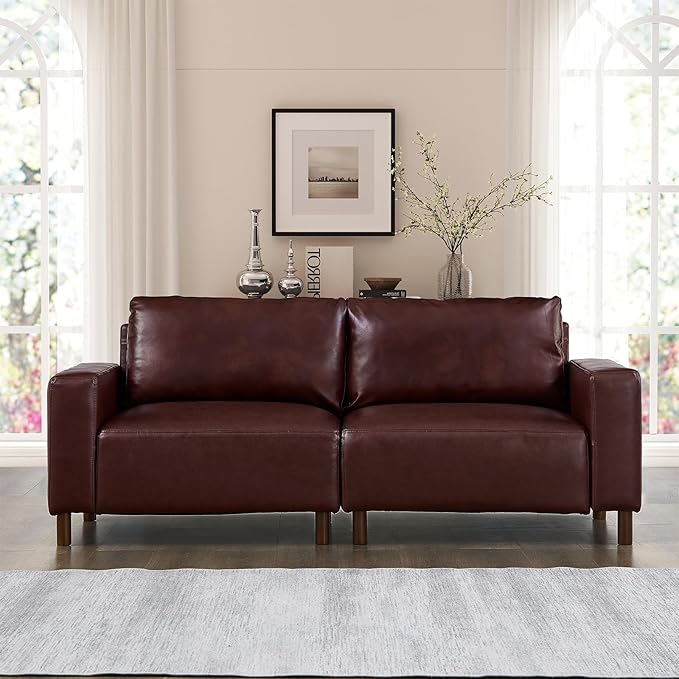 Mid-Century Modern Sofa Set of 2 PU Leather 3-Seater Couch with Solid Wood Legs &amp Square Armrests Lounge Comfy Loveseat Sofa Upholstered Cozy Couch for Living Room Office(78.5W + 112W Burgu