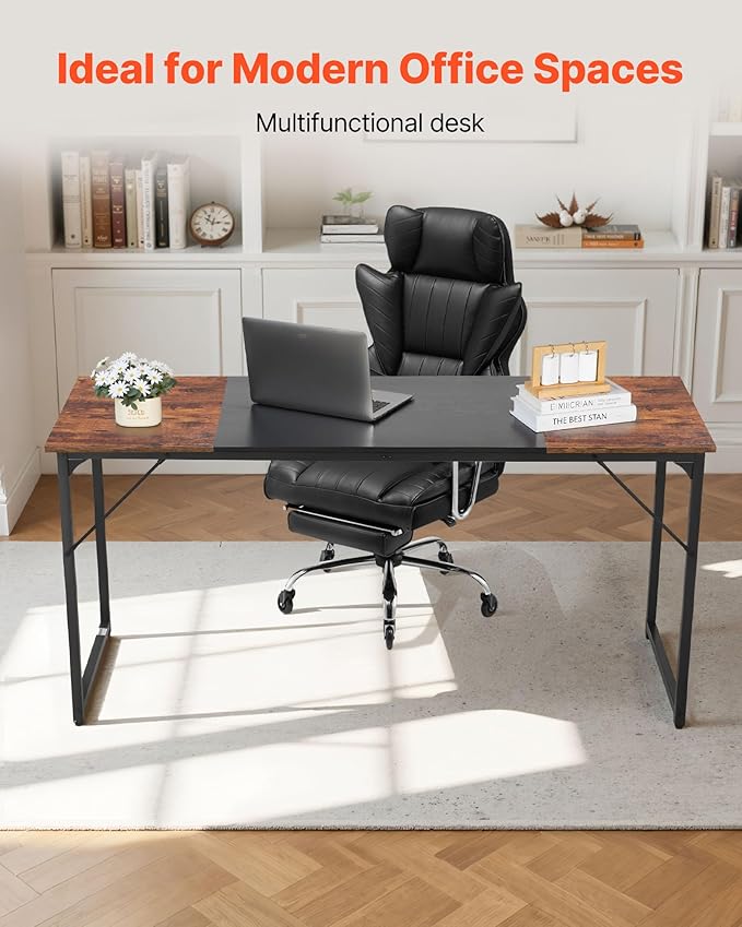 VEVOR Computer Desk 63 Inch Office Gaming Desk for Home Office Writing Study Work Modern Simple Table with Metal Frame for Large Legroom Rustic Brown and Black