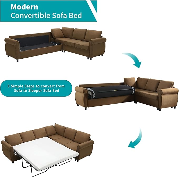 TTK 104 L-Shaped Convertible Sectional Sofa Bed 6-Seater with Pull Out Queen Size Daybed Memory Foam Mattress &amp Arms Easy Assembly Riveted Sofa for Living Room Brown