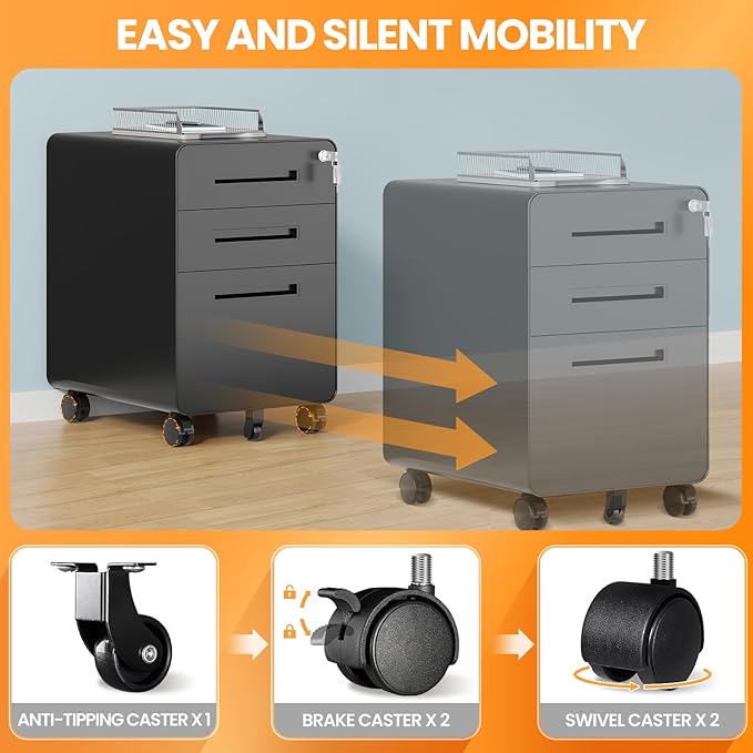 3 Drawer File Cabinet Fully Assembled Mobile File Cabinets with Lock for Home Office Metal Rolling Filing Caninet on Wheels Three Drawer Under Desk Cabnet for Letter/Legal / A4 - Black