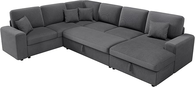 AMERLIFE 129 Inch Sectional Couches for Living RoomSectional Couch with Storage &amp OttomanModular Sectional Sofa Converts to SleeperCloud Couch Sectional for Large Space with CorduroyGrey