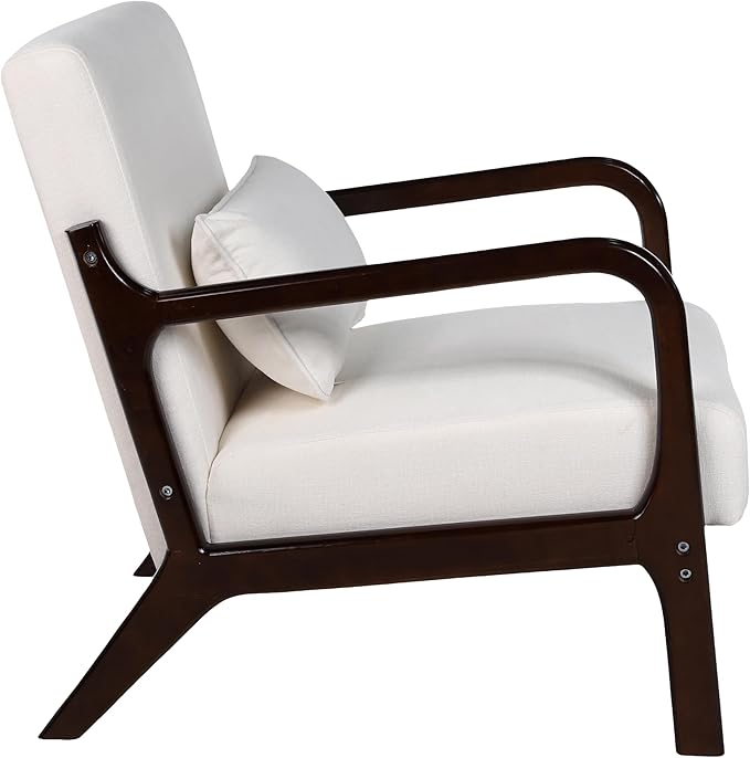 Mid Century Modern Accent Chair with ArmrestsSolid Wood Frame Cushioned Seat &amp Backrest Easy Assembly Ideal for Living Room Bedroom Office Light Beige