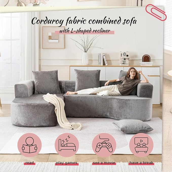 100''Oversized Sectional Sofa with Chaise for Living RoomModern Luxury Chenille 3-Seater Sofa Extra Wide Seat L-Shape Curved Cloud Couch with 3 Throw Pillows (Gray 100)
