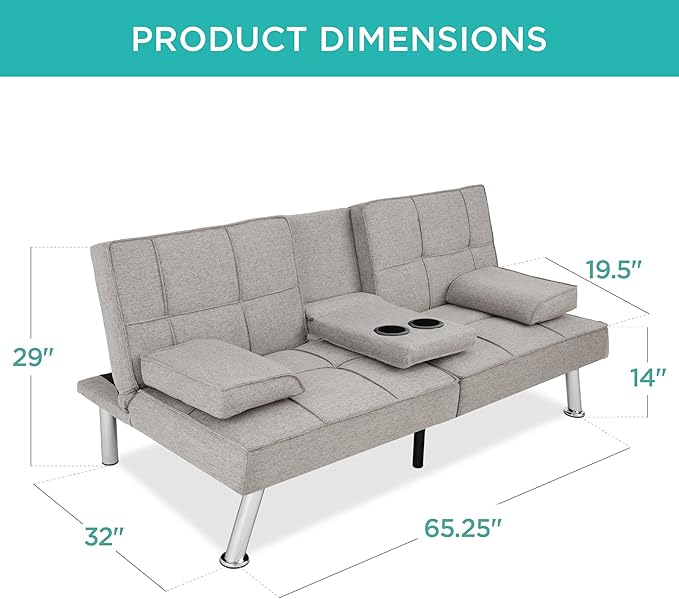 Best Choice Products Linen Modern Folding Futon Reclining Sofa Bed for Apartment Dorm w/Removable Armrests 2 Cupholders - Light Gray