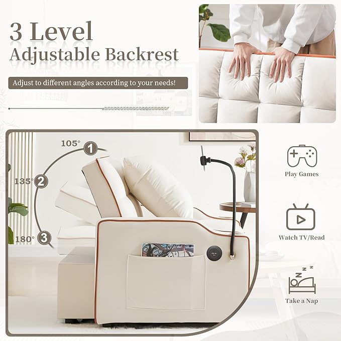 Convertible Sleeper Sofa Chair Bed 3 in 1 Velvet Single Small Futon Sofa Bed with Phone Holder &amp USB PortsPull Out Couch Recliner with Adjustable Backrest for Living Room Office Small Place(Be