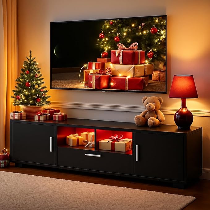 63 Inch Black TV Stand with 16-Color LED Lights Classic Modern Entertainment Center with Horizontal Drawer &amp Side Cabinets for TVs up to 75 Inches Wood Media Console