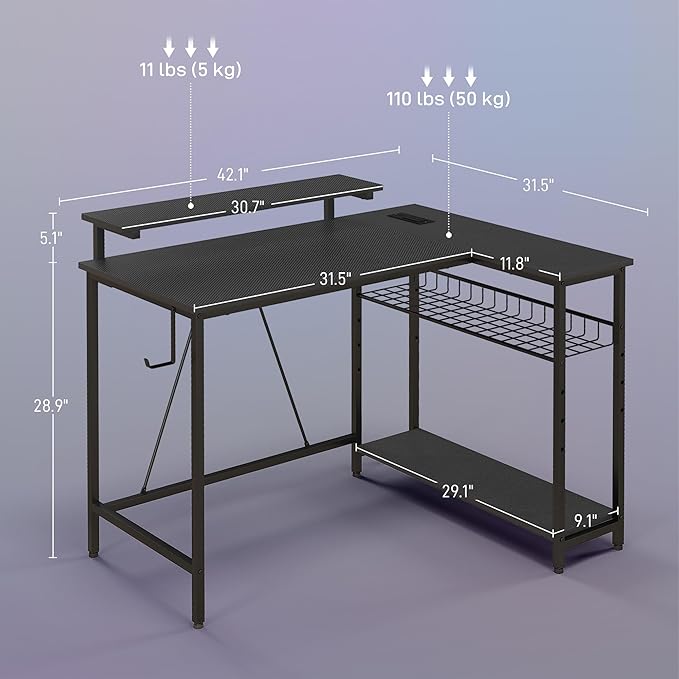 42 L Shaped Desk with LED Lights Power Outlet USB Charging Ports Reversible L Shaped Computer Desk with Storage Shelves Monitor Stand Corner Gaming Desk for Home Office Black