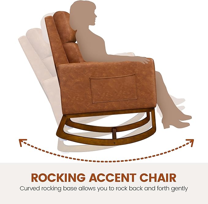 Yaheetech Leather Living Room Chair Rocking Accent Chair Modern Nursery Glider Chair with High Back and Side Pocket Accent Rocker Armchair with Wood Legs for Living Room Bedroom Study Brown
