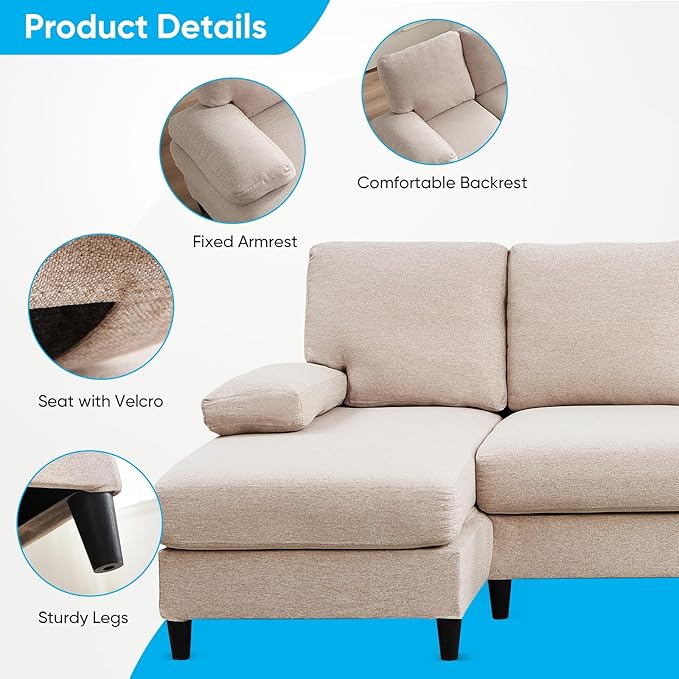 CECER 114” U-Shaped CouchLinen FabricLinen Fabric Modular Sectional Couches for Living Room/Apartment4 Seat Oversized SofaHigh Supportive&ampSoft Sponge(Beige)