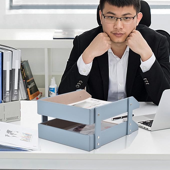 Leather Desk Letter TrayOffice Supplies Paper Organizer for Mail Paper Files Magazines Jewelry CosmeticsFashion Letter Holder&amp 2-Tier Multipurpos Stackable Office Desktop Storage BoxGrey