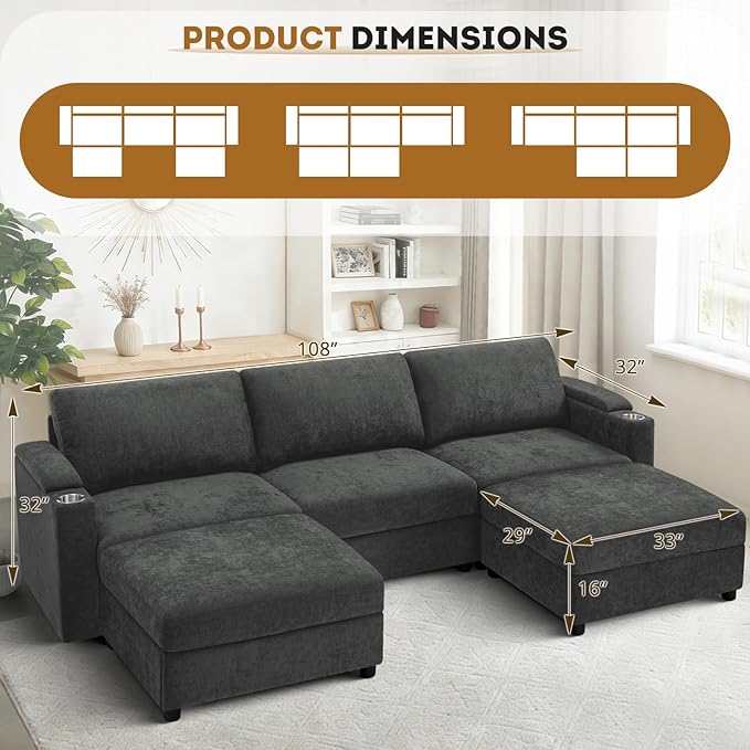 108'' Chenille Sectional Couch with Storage ArmrestsU Shaped Upholstered Sofa with 2 Movable Ottomans 5-Seat Modular Couch with Cup Holders for Living Room Grey