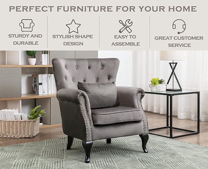 Kmax Velvet Tufted Accent Chair Mid Century Oversized Chair Comfy Sofa Chair Padded Seating WingBack Unique Wood Legs Home Club Bedroom Living Room Grey
