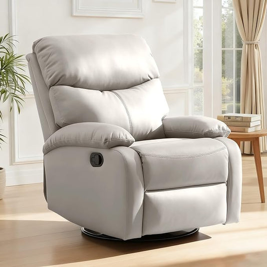 Genuine Leather Rocker Recliner Modern Manual Swivel Glider Recliner with Adjustable Backrest &amp Footrest Wall Hugger Swivel Rocking Recliner Chair for Modern Living Room and RV Beige