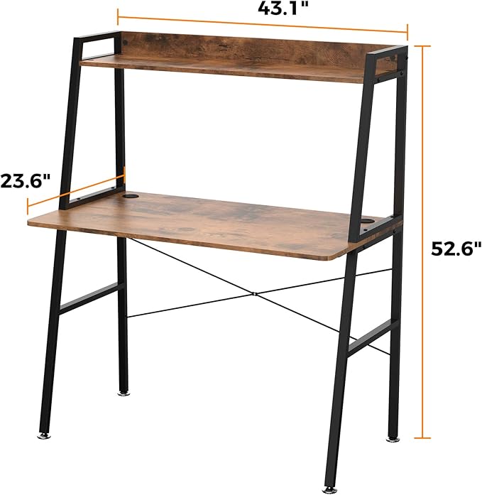 EUREKA ERGONOMIC43 Inch 2-Tier Home Office Students Study Writing PC Gaming Table with Bookshelf Small Computer Ladder Desk with Storage ShelvesModern Workstation for Space Saving Rustic Brown