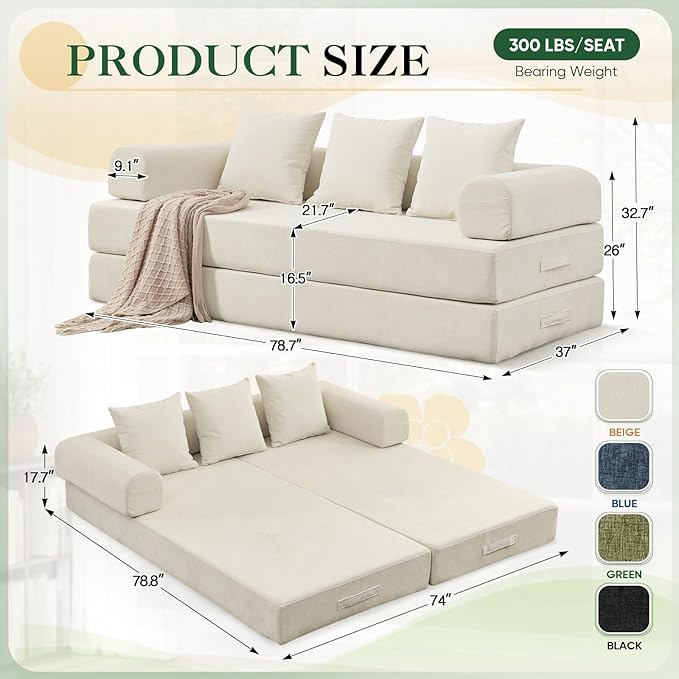 3 in 1 Convertible Futon Sofa Bed Modern King Size Chenille Loveseat Sleeper Sofa Folding 3-Seater Foldable Lounger Couch Bed for Living Room Bedroom Guest Room (Beige 3 Throw Pillows)