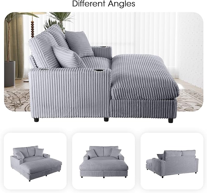 64 Chaise Lounge Indoor Oversized Chaise Lounge Chair with 2 PillowsUSB Charger Cup Holder Corduroy Sofa Bed Lazy Sleeper Couch Reading Chair for Apartment Grey