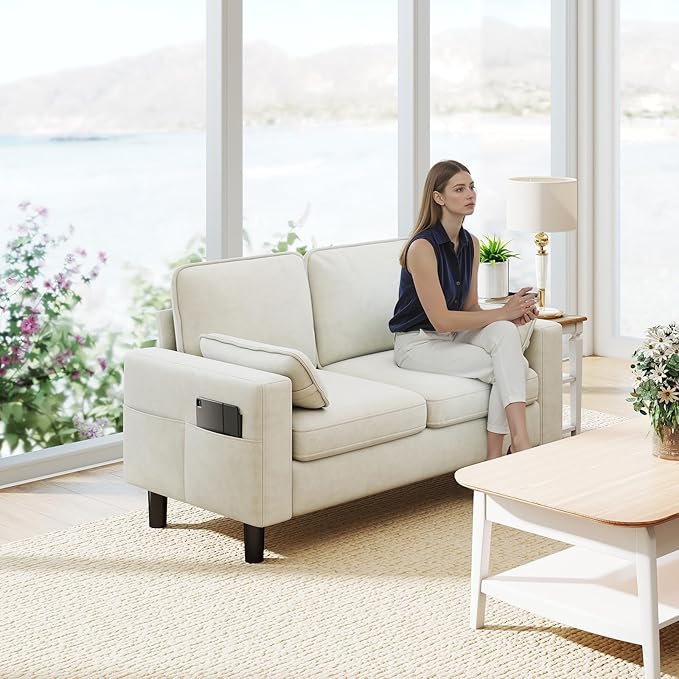 KINTNESS 56” Modern Loveseat Sofa 2-Seater Sofa Couch with Deep Seat &amp Armrest Pillow Sectional Sofa Loveseat for Bedroom Living Room Removable Covers Ergonomic Height Non-Slip Off-White
