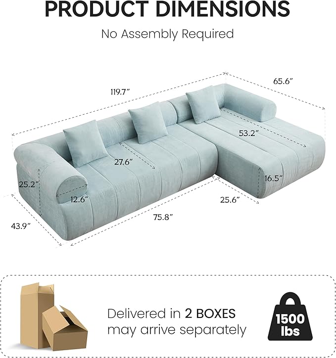 119'' Boneless Curved Sectional Couch Cloud Deep Seat L Shaped Sofa with Right Chaise LoungeModular Compression Couch for Living Room No Assembly Blue
