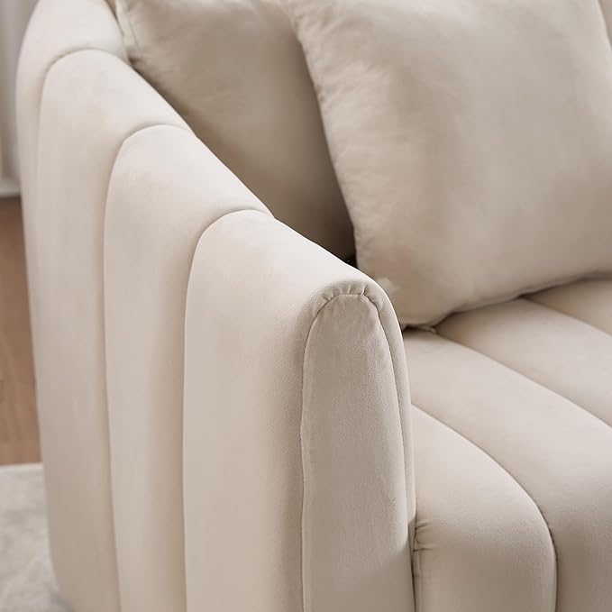 KEIKI 40.3 Oversized 360° Swivel Barrel Chair with Pillows - Velvet Upholstered Channel Tufted Accent Armchair Mid-Century Modern Lounge Chair for Living Room Bedroom Office - Beige