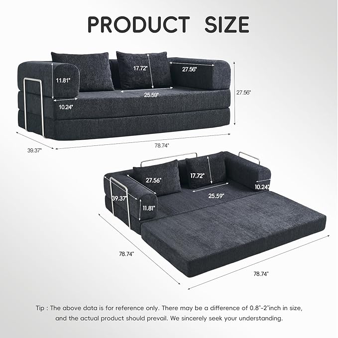 5-in-1 Convertible Folding Sofa Bed 79 Queen Chenille Boneless Couch with Removable Armrests No Assembly Loveseat Sleeper Sofa Modular Futon Couch for Living Room &amp Bedroom (Black)