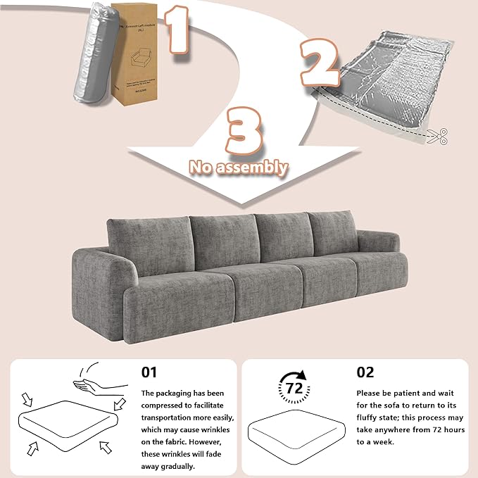 EASE MOOSE Boneless Couch for Living Room Modern Sectional Cloud Sofa Modular Cloud Couch 4-Seat Deep Extra Large Sofas for Bedroom Apartment No Assembly Required Chenille (Light Grey)