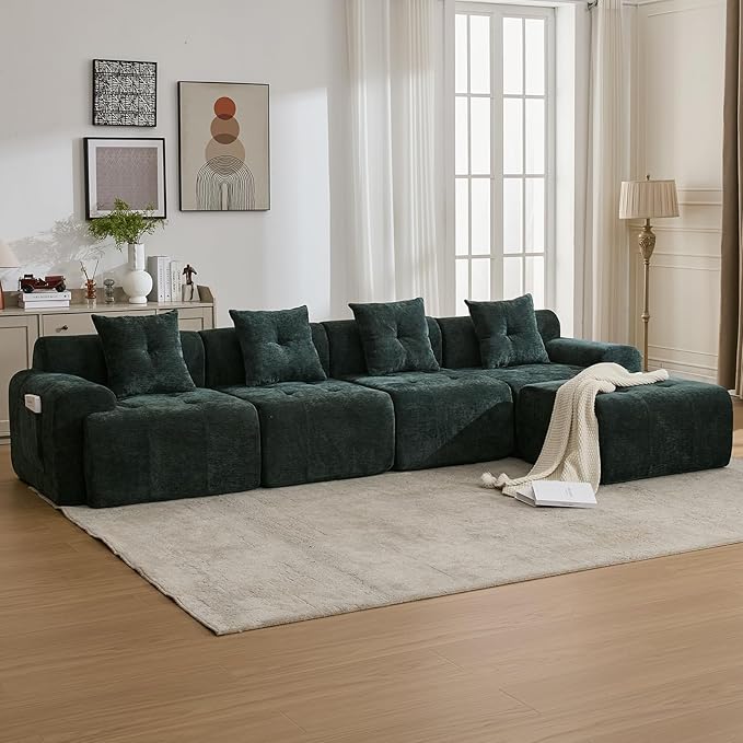 129.23”Modular Sectional Couch for Living Room Modren L-Shape Cloud Sectional 4-Seater Sofa with Movable Ottoman Woven Texture Upholstery Boneless Couch No Assembly Green