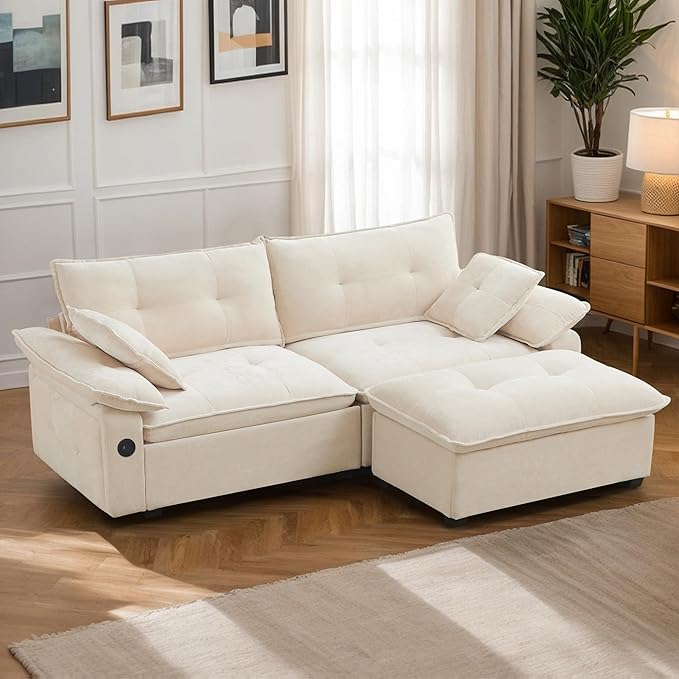 89 L Shaped Sectional Couch Comfy Modular Sectional Cloud Couch with Movable Ottoman 2-Seater Chenille Deep Seat Loveseat with Throw Pillows/USB for Living Room Apartment (Beige)