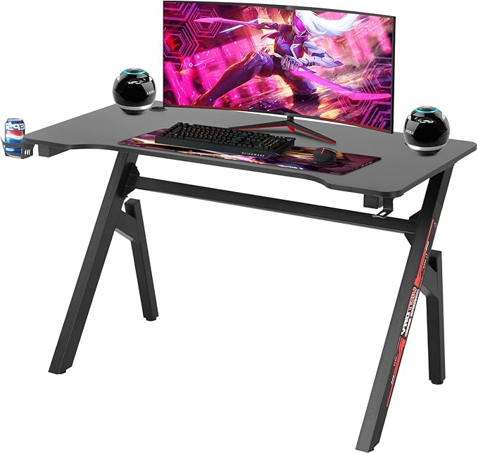 FDW Computer Desk Gaming Desk Student PC Desk Writing Desk Office Desk Modern Ergonomic Racing Style Table Workstation Carbon Fiber Headphone Hook (47in Red)
